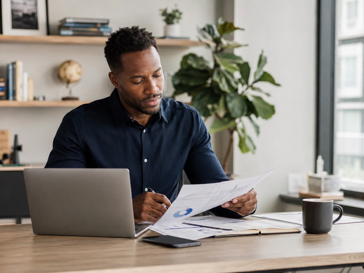 An ABA clinic owner reviewing financial reports and cash flow at his desk
