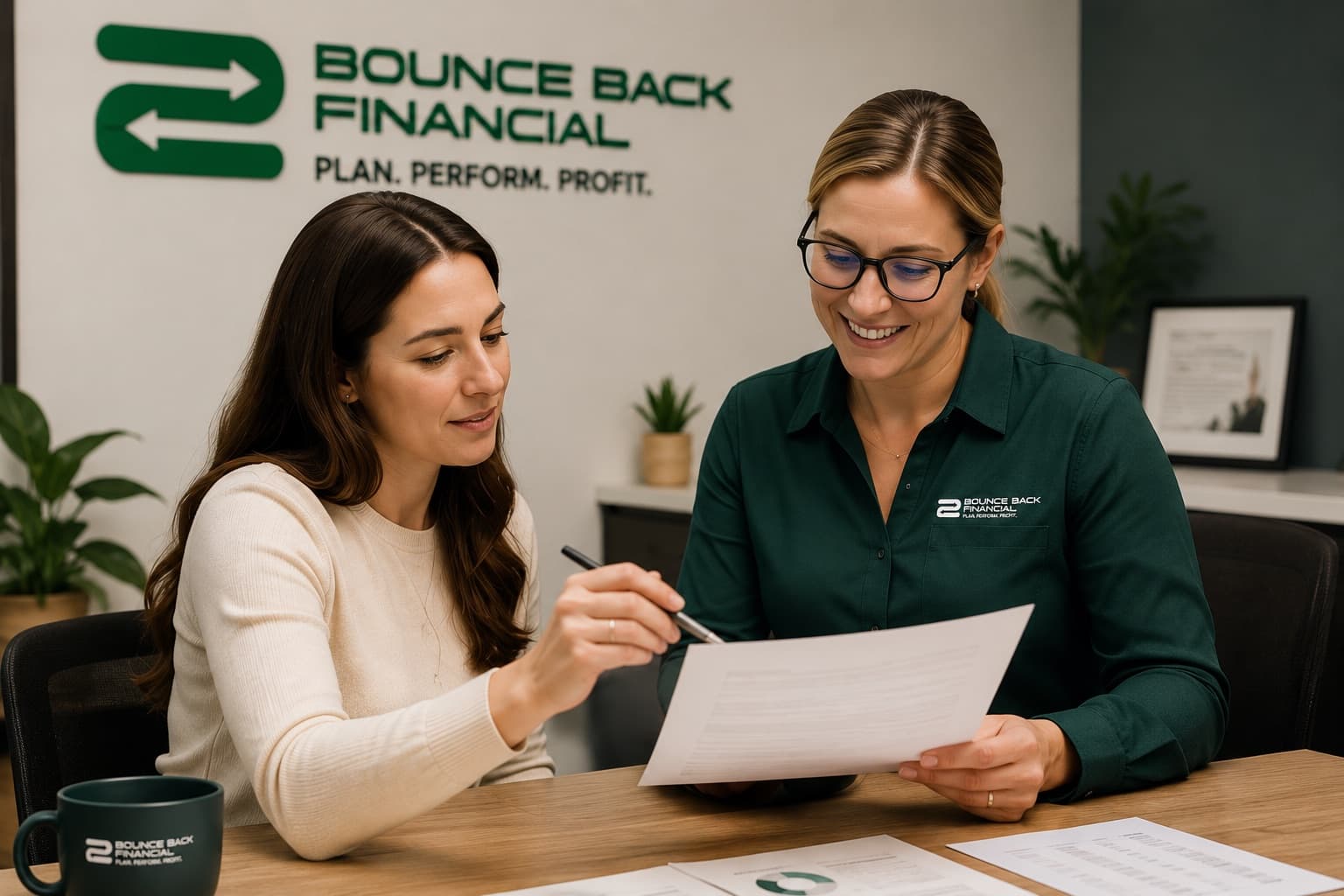 A Bounce Back Financial advisor reviewing a revenue cycle report with an ABA clinic owner